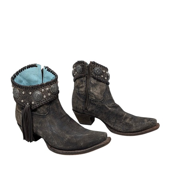 Corral Indie Spirit Alamo Fringe Boots 7.5M Gray Suede Snip Toe Western Concho - Picture 1 of 10